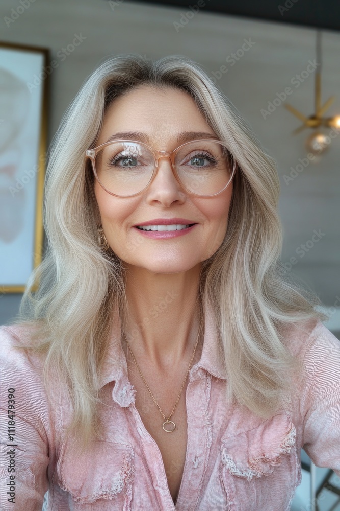 Woman with glasses and pink shirt Woman with glasses and pink shirt