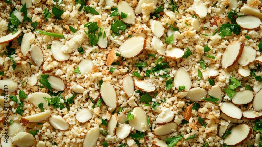 A close-up of chopped nuts and herbs, ideal for culinary use. A close-up of chopped nuts and herbs, ideal for culinary use.