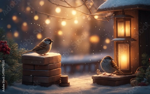 Winter Sparrows by Lantern Light in a Snowy Landscape photo