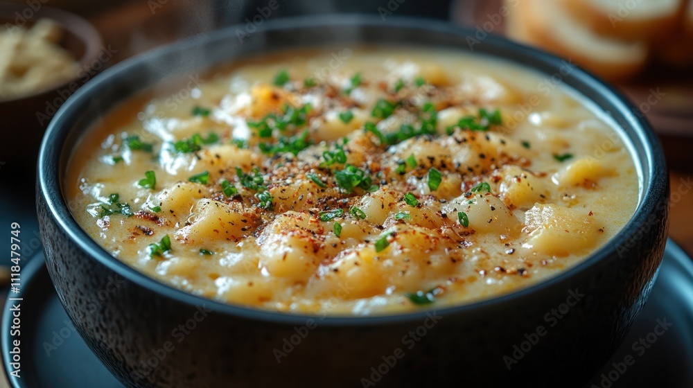 Steaming bowl of creamy macaroni and cheese soup, garnished with chives and pepper. Steaming bowl of creamy macaroni and cheese soup, garnished with chives and pepper.