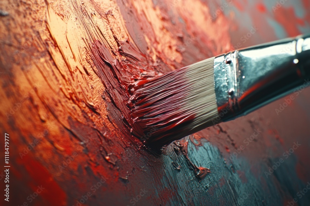 Fototapeta premium Close-up of paintbrush applying red paint to textured canvas.