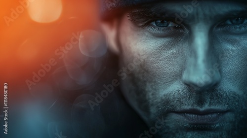 Close-up portrait of a man with intense eyes, wearing a beanie. Moody blue and orange tones.