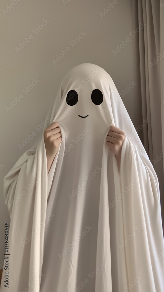 Person dressed as a ghost in a white sheet with cartoon-style black eyes and a smile, holding the sheet in a light indoor setting Person dressed as a ghost in a white sheet with cartoon-style black eyes and a smile, holding the sheet in a light indoor setting