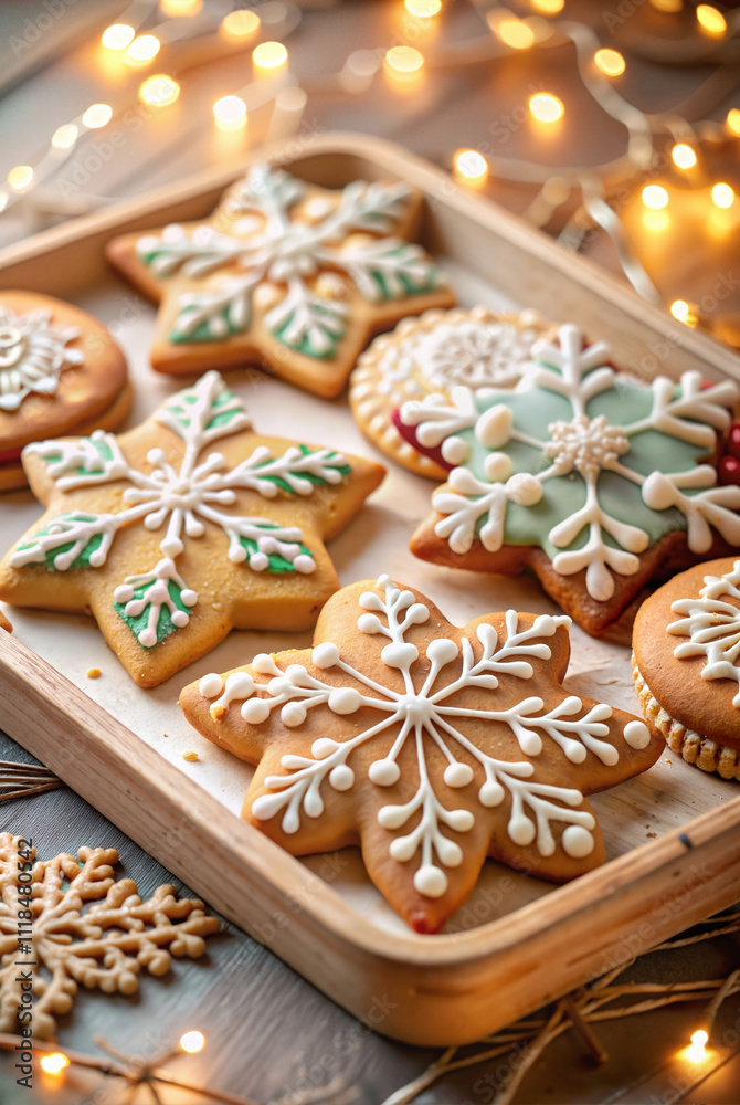 Snowflake-shaped cookies with festive icing Snowflake-shaped cookies with festive icing