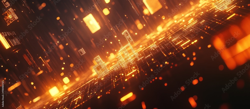 Obraz premium Abstract digital cityscape with glowing orange lines and particles.