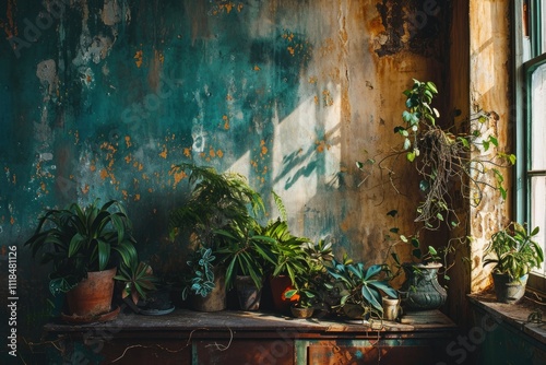 Abstract Botanical DÃ©cor: Aged Potted Plants for Interior Design photo