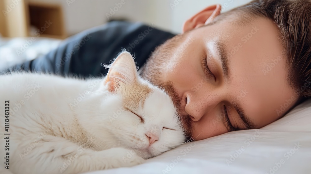 A serene man is peacefully sleeping beside his cherished white and orange cat, illustrating a touching moment of affection and companionship within a bright, airy room. A serene man is peacefully sleeping beside his cherished white and orange cat, illustrating a touching moment of affection and companionship within a bright, airy room.