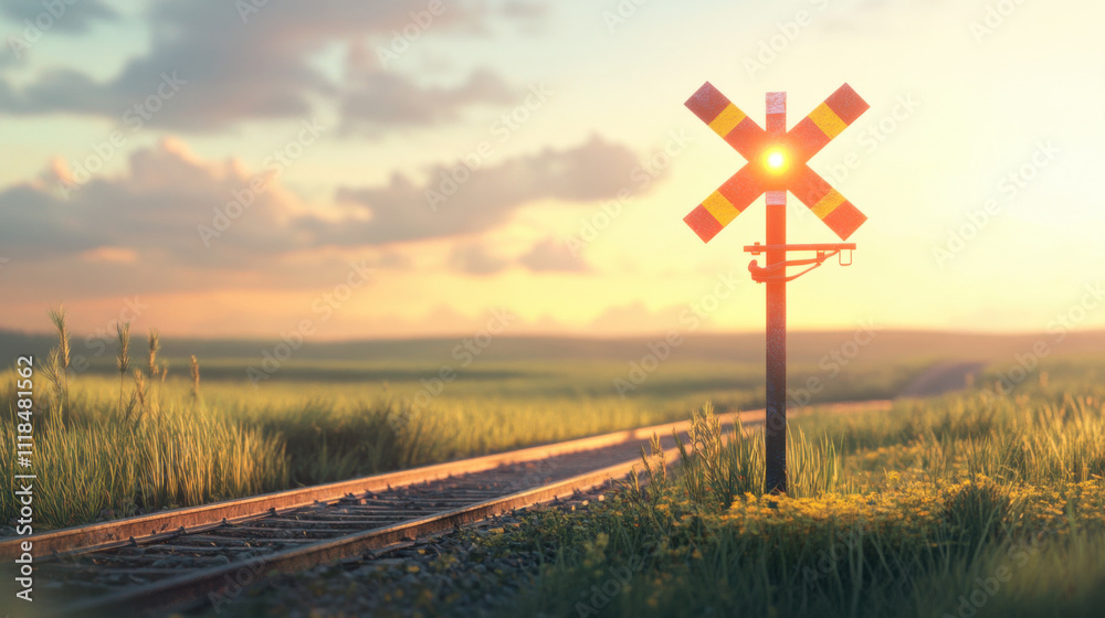 Obraz premium Serene Sunset Over Peaceful Railroad Crossing with a Vibrant Signal Light Illuminating the Path in a Lush Green Landscape