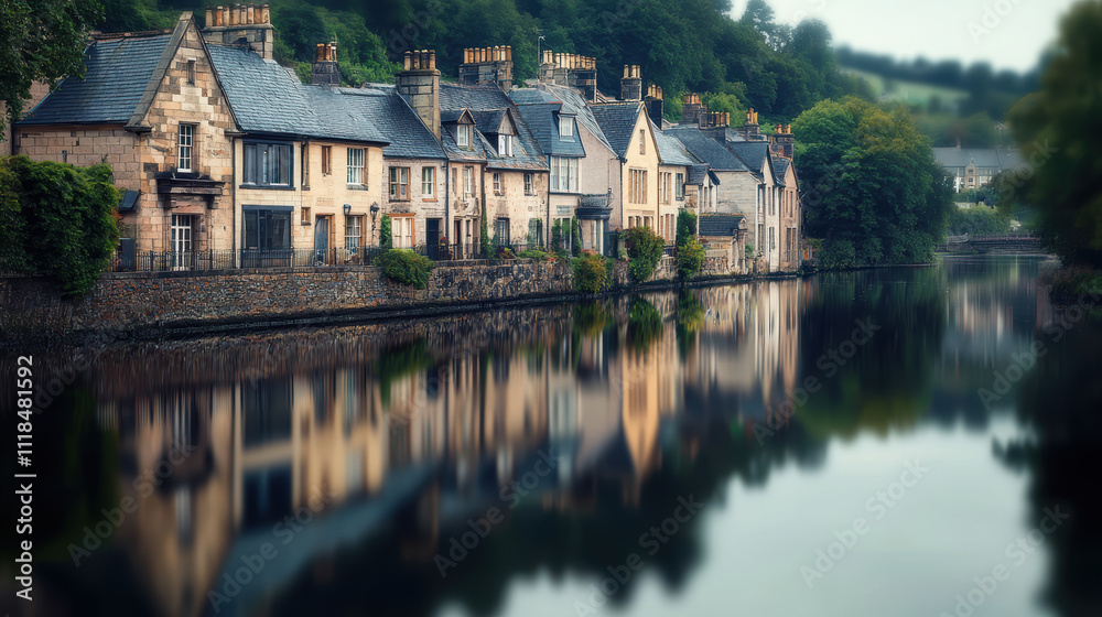 Charming riverside houses reflecting on calm water, creating serene atmosphere Charming riverside houses reflecting on calm water, creating serene atmosphere