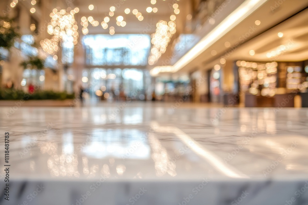 A blurred view of a modern shopping mall interior with decorative lights. A blurred view of a modern shopping mall interior with decorative lights.