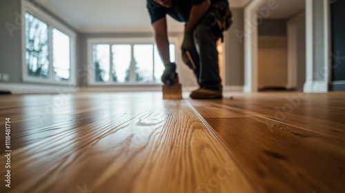 Polished hardwood flooring installation a close-up of skilled craftsmanship
