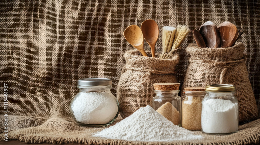 Rustic Kitchen Scene Featuring Various Cooking Ingredients and Wooden Utensils on Natural Burlap Textiles for Baking and Culinary Arts Inspiration