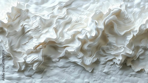 The image is a white, abstract painting of a wave