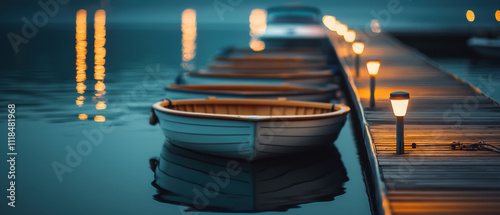 Wallpaper Mural serene evening scene featuring boats docked at wooden pier, illuminated by soft lights reflecting on calm water Torontodigital.ca