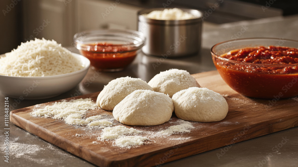 Freshly Prepared Pizza Dough and Toppings on a Wooden Board in a Cozy Kitchen Setting with Tomato Sauce and Cheese Ready for Homemade Cooking Freshly Prepared Pizza Dough and Toppings on a Wooden Board in a Cozy Kitchen Setting with Tomato Sauce and Cheese Ready for Homemade Cooking
