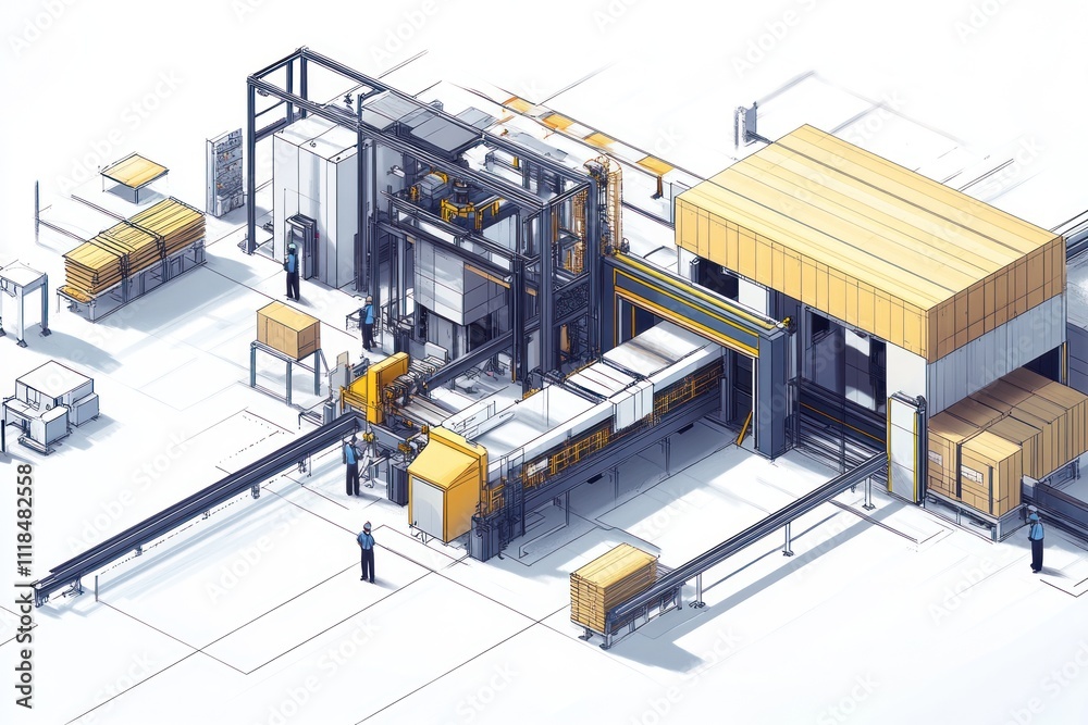 Automated industrial production line with workers and packaging. Automated industrial production line with workers and packaging.