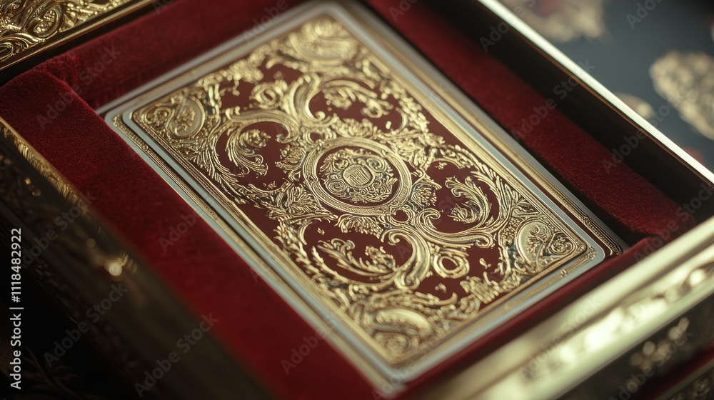 Luxurious gold-embossed playing card in ornate box.