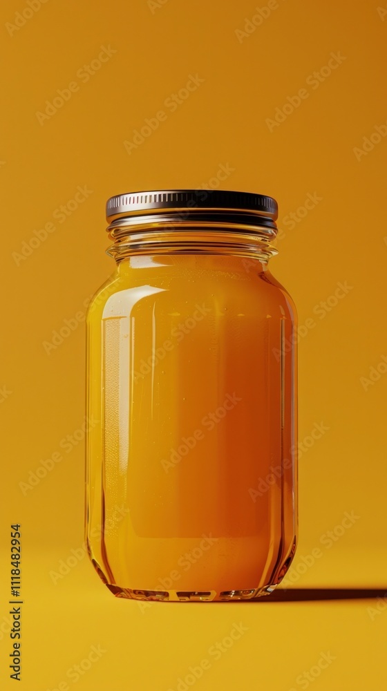 Closeup shot of an amber colored glass jar filled with a viscous golden hued liquid This natural homemade food product could be honey syrup or another craft beverage showcasing the preserved Closeup shot of an amber colored glass jar filled with a viscous golden hued liquid This natural homemade food product could be honey syrup or another craft beverage showcasing the preserved