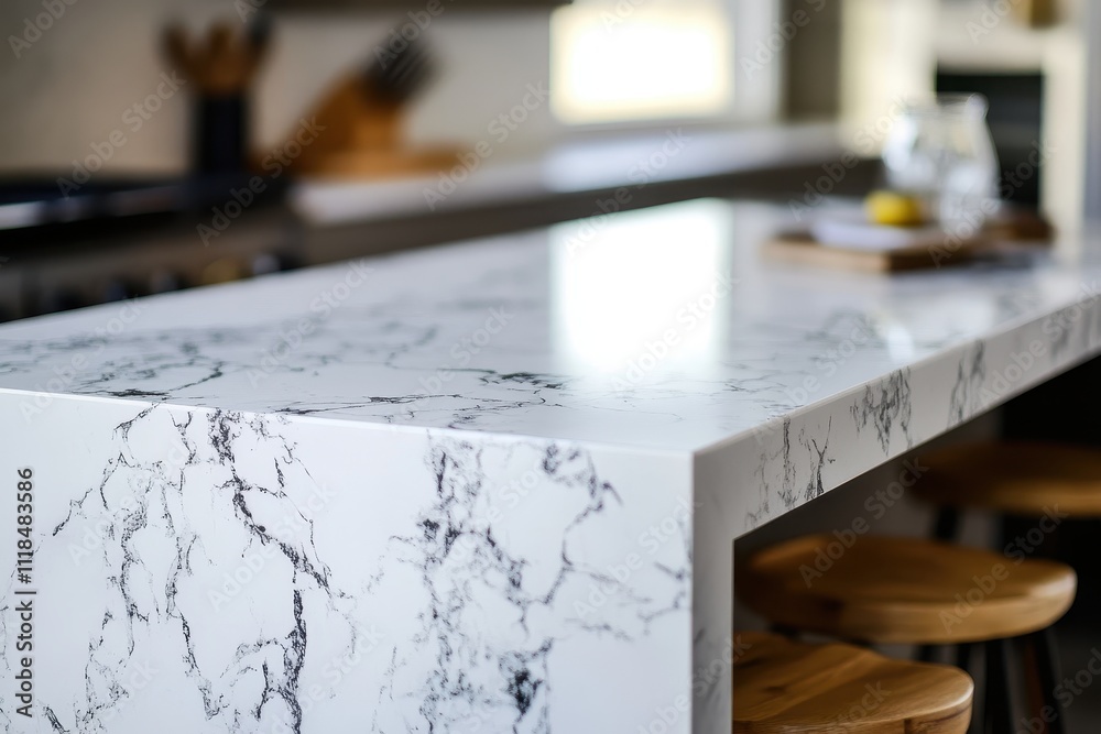 Modern kitchen with a marble countertop and wooden stools, designed for cooking and dining. Modern kitchen with a marble countertop and wooden stools, designed for cooking and dining.
