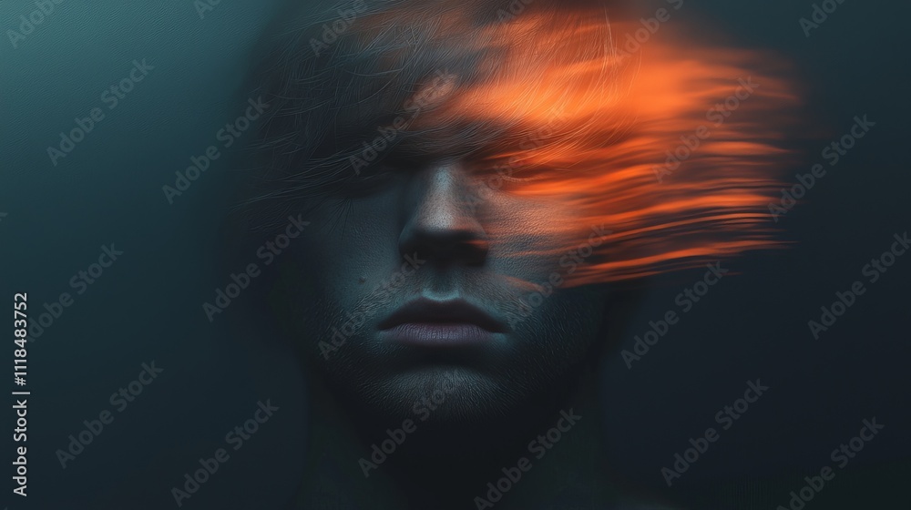 A young man's face is partially obscured by streaks of fiery orange light, creating a dramatic and mysterious effect. A young man's face is partially obscured by streaks of fiery orange light, creating a dramatic and mysterious effect.