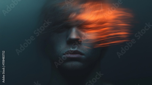 A young man's face is partially obscured by streaks of fiery orange light, creating a dramatic and mysterious effect.