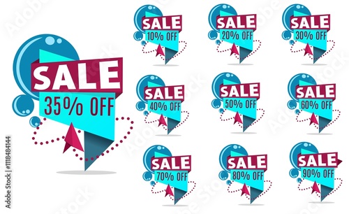 Different discount prices 10, 20, 30, 40, 50, 60, 70, 80, 90 percent Promotional sticker badges set for shopping marketing and advertising clearance sales, Save money. vector illustration.