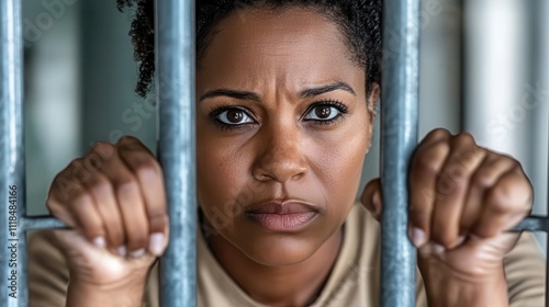 This image evocatively portrays a woman behind prison bars, reflecting on her life choices with a strong sense of introspection, forged in the crucible of solitude. photo