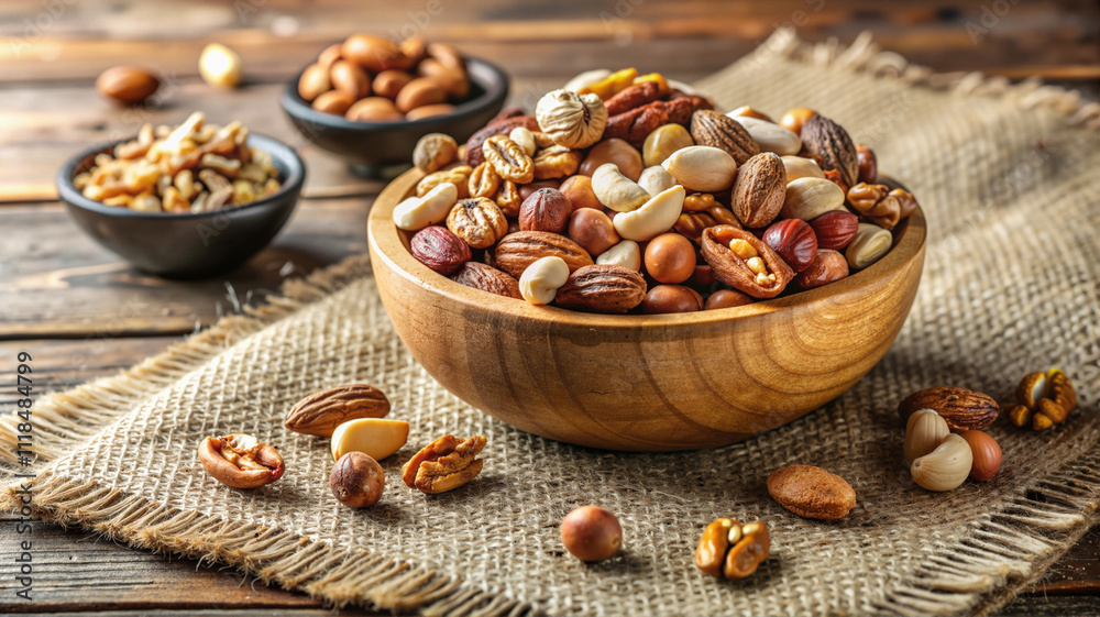 Mixed nuts in wooden bowl on burlap cloth