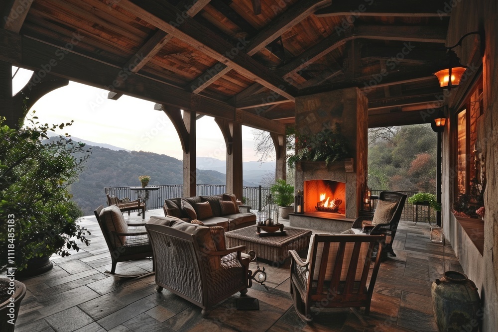 Fototapeta premium Backyard Oasis: Covered Patio with Fireplace, Luxury Furniture, and Stunning Views