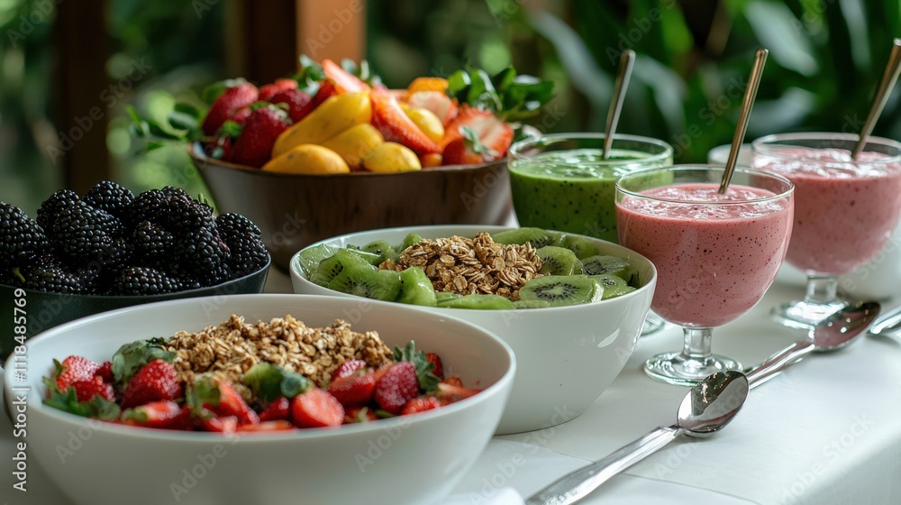 Healthy breakfast spread with smoothies, granola, and fresh fruits at a retreat Healthy breakfast spread with smoothies, granola, and fresh fruits at a retreat