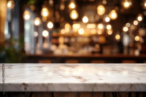 A blurred caf? interior with a marble table in the foreground and warm lighting.