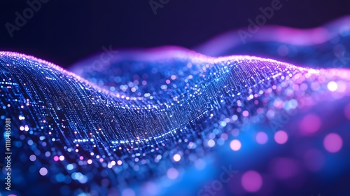 A close-up of an AI-inspired digital blue ribbon, adorned with purple and white holographic elements representing global network connections and data flow