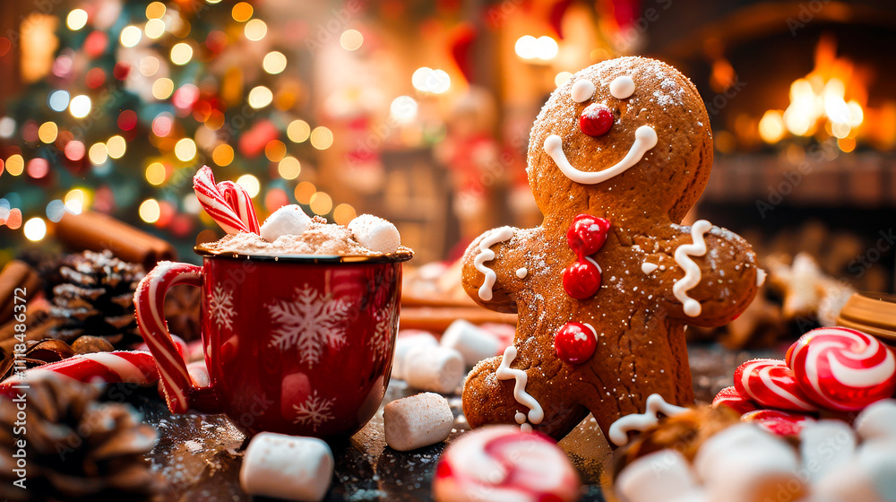 A cheerful gingerbread man is nestled in a glass jar with bright lollipops, creating a delightful holiday atmosphere against a twinkling Christmas tree backdrop and warm ambiance. A cheerful gingerbread man is nestled in a glass jar with bright lollipops, creating a delightful holiday atmosphere against a twinkling Christmas tree backdrop and warm ambiance.