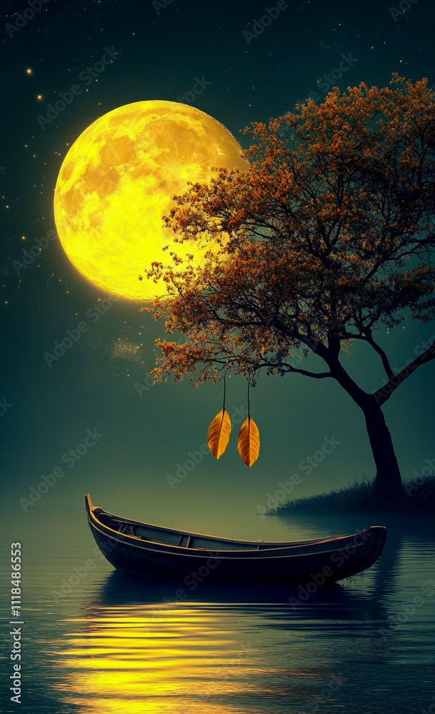 An acacia tree in front. A boat floats on a calm lake. An acacia tree in front. A boat floats on a calm lake.