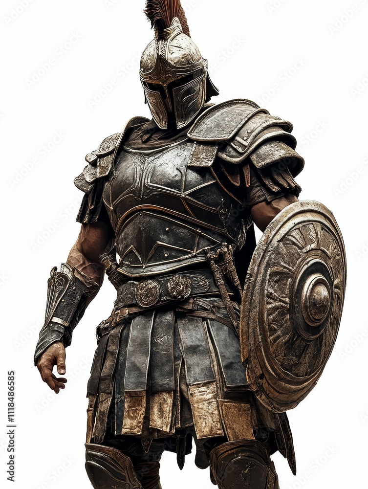 Fototapeta premium Armored warrior, shield, helmet, ancient combat.