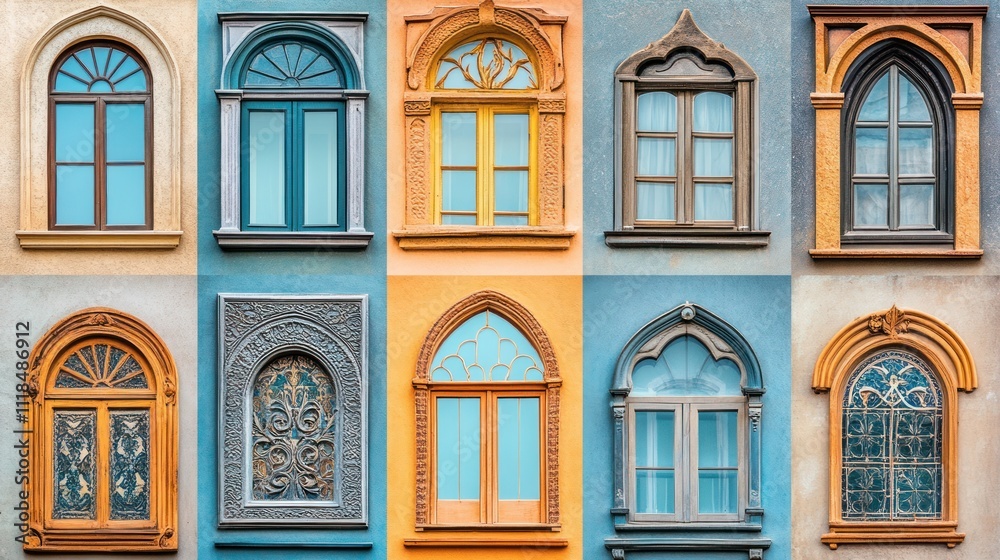 Fototapeta premium Colorful facade featuring various decorative windows and designs.