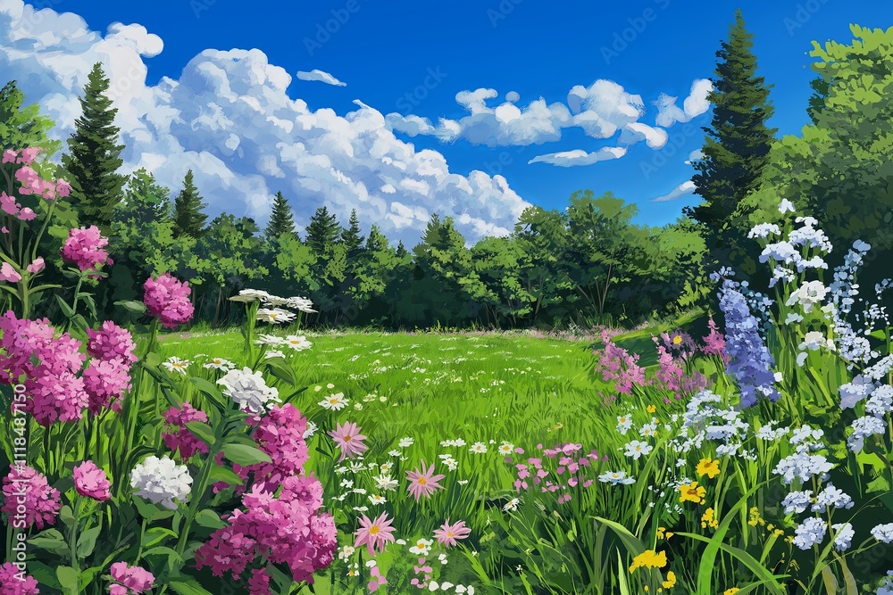 A lush green meadow with wildflowers blooming under a vibrant blue sky A lush green meadow with wildflowers blooming under a vibrant blue sky