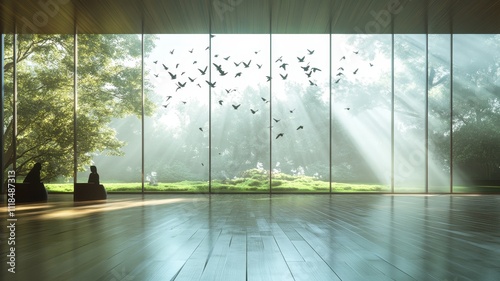 A serene indoor space with large windows showcasing a lush garden, sunlight streaming through, and birds in flight, creating a peaceful atmosphere.