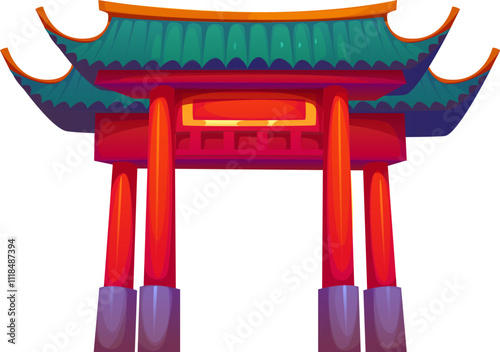 Chinese archway with traditional red pillars and green roof representing cultural heritage, asian architecture and an entryway symbolizing luck, prosperity and protection during lunar new year holiday