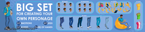 Isometric Black Man characters constructor for designed. Set various action N2. Set of Students personages flat style illustration