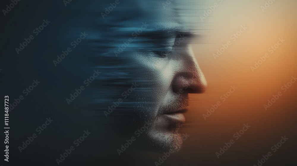 A pensive man's profile, captured with a motion blur effect, evokes a sense of contemplation and inner reflection. A pensive man's profile, captured with a motion blur effect, evokes a sense of contemplation and inner reflection.