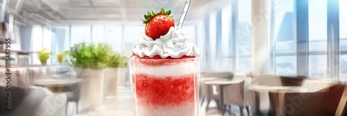 A refreshing strawberry drink topped with whipped cream and a cherry, set in a stylish caf?.