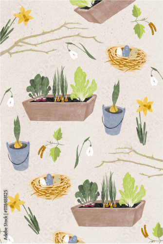 Springtime Gardening Essentials With Eggs and Flowers 