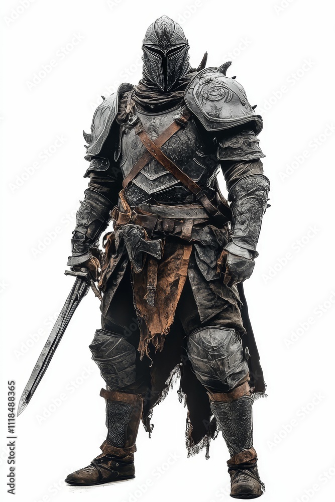 Obraz premium Dark armored warrior, sword drawn, isolated.