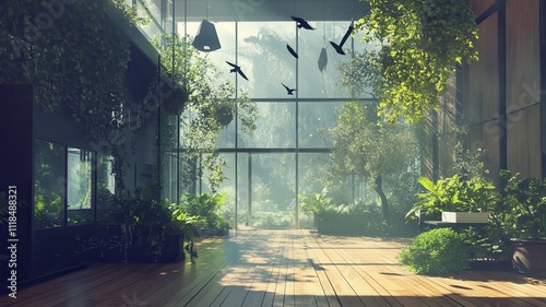 A serene indoor garden with lush greenery, soft light filtering through glass walls, and birds flying, creating a peaceful atmosphere.