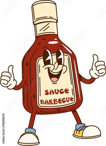 Cartoon groovy barbecue sauce bottle character with happy face, vector emoji. Groovy BBQ sauce bottle character in retro cartoon with thumbs up and funky happy smile for fast food hot dog or grill