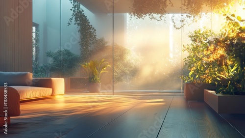 A serene indoor space filled with sunlight, plants, and warm wood tones, creating a peaceful atmosphere.