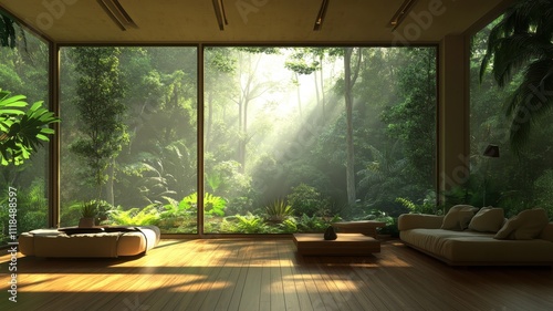 A serene living room with large windows showcasing a lush, green forest, sunlight filtering through trees, creating a tranquil atmosphere.