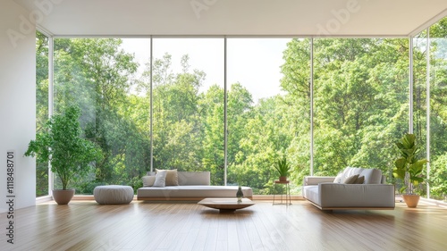 A modern, minimalist living room features large windows with views of lush greenery, creating a serene, nature-inspired atmosphere.