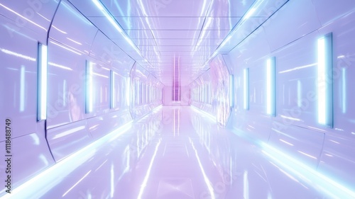 A futuristic corridor illuminated by glowing lights, featuring sleek surfaces and a vibrant color palette, creating a sense of depth and modernity.